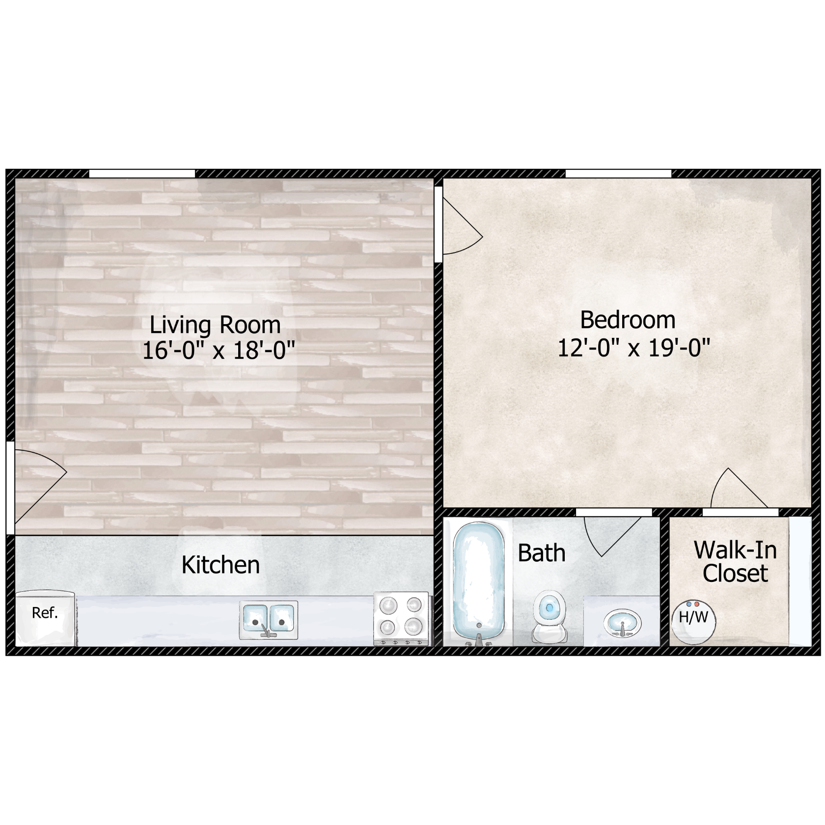 Floor plan for 1 bed, 1 bath, 589 sqft